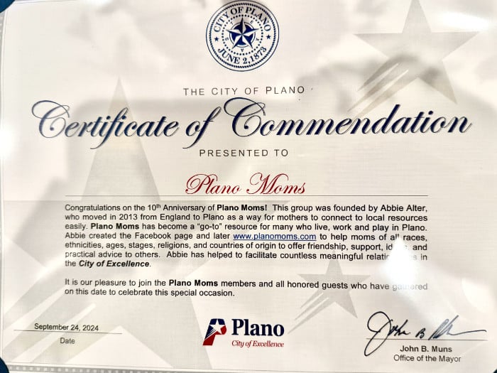 City of Plano Certificate of Commendation