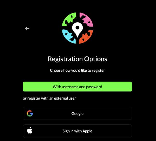 Sign up / log in screenshot